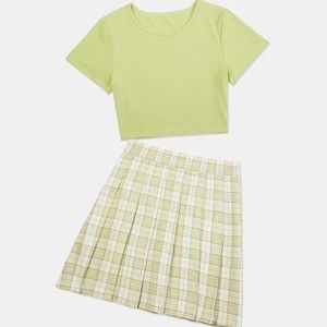 Crop top shirt blouse and plaid pleated skirt set
